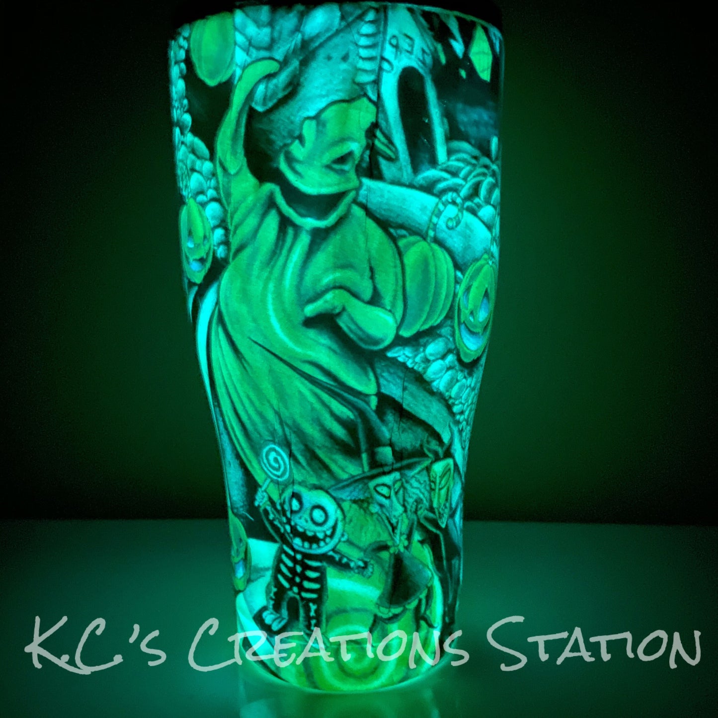 Halloween tattoo tumbler, glow in the dark tumbler, nightmare inspired tumbler, Jack and sally inspired tumbler, spooky