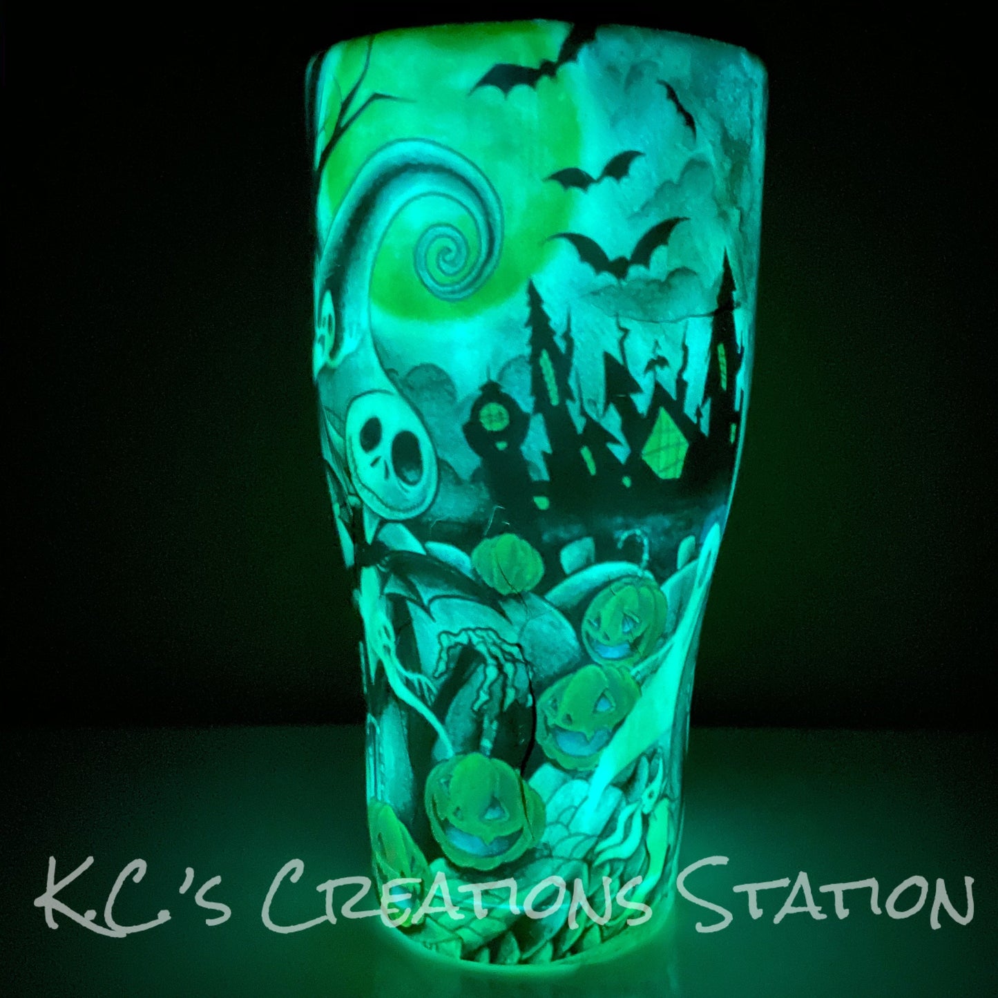 Halloween tattoo tumbler, glow in the dark tumbler, nightmare inspired tumbler, Jack and sally inspired tumbler, spooky