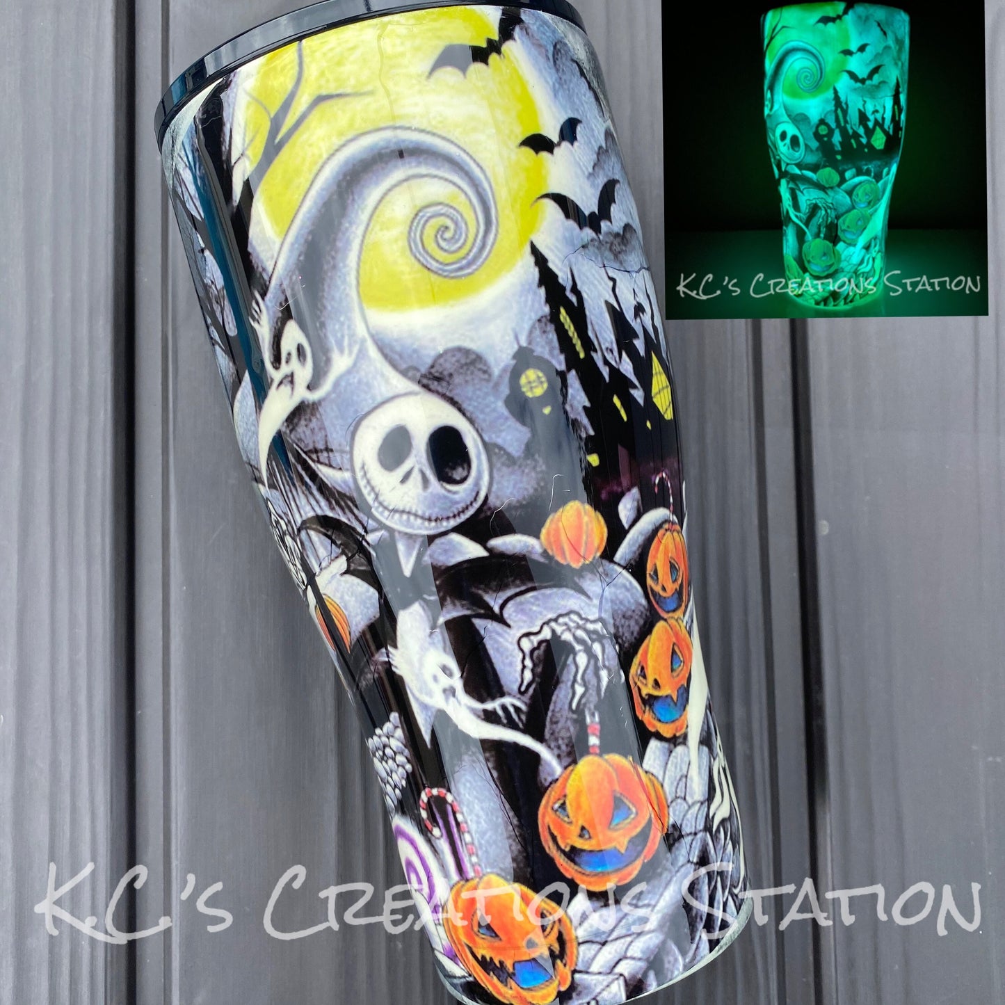 Halloween tattoo tumbler, glow in the dark tumbler, nightmare inspired tumbler, Jack and sally inspired tumbler, spooky