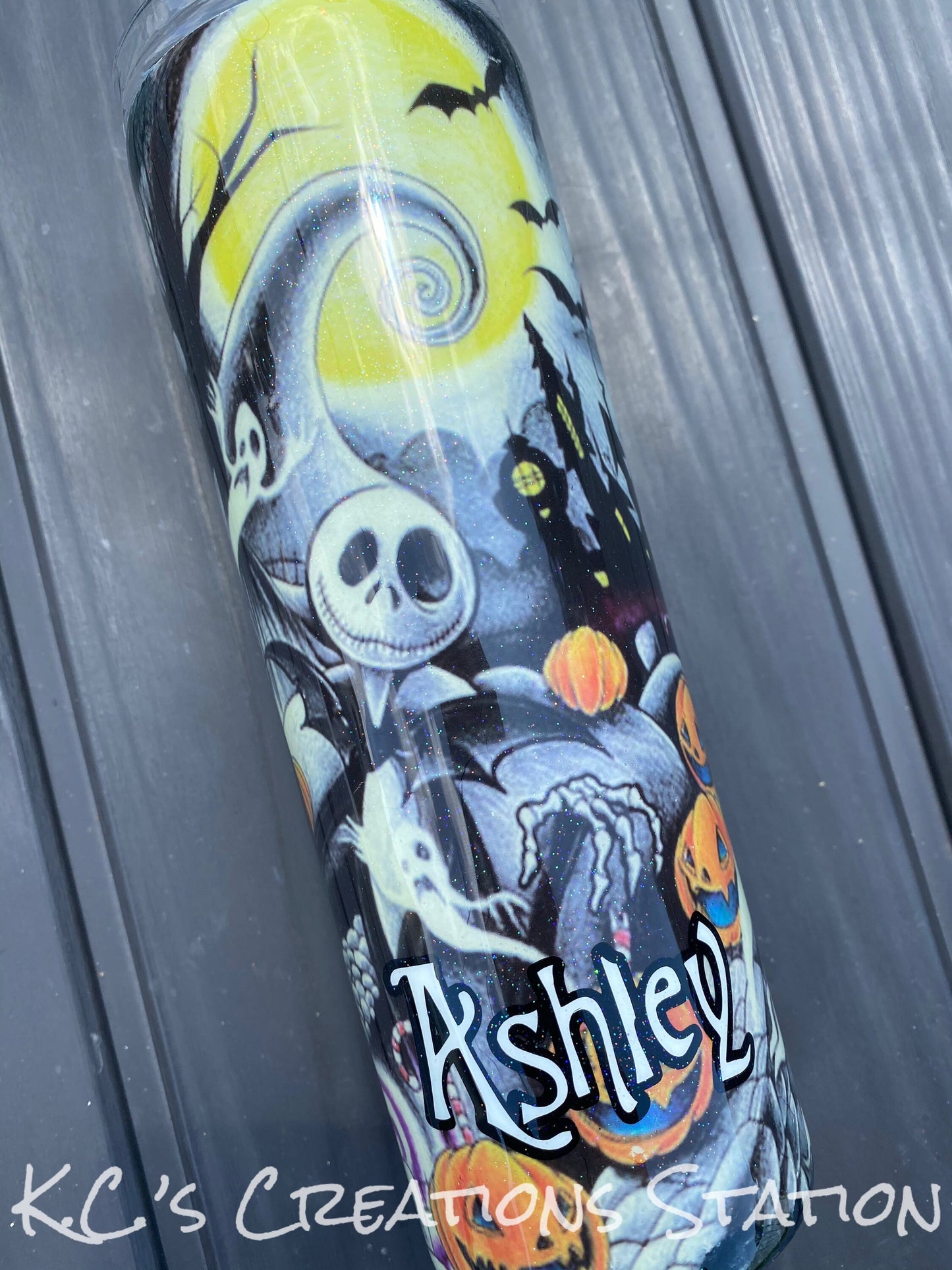 Halloween tattoo tumbler, glow in the dark tumbler, nightmare inspired tumbler, Jack and sally inspired tumbler, spooky