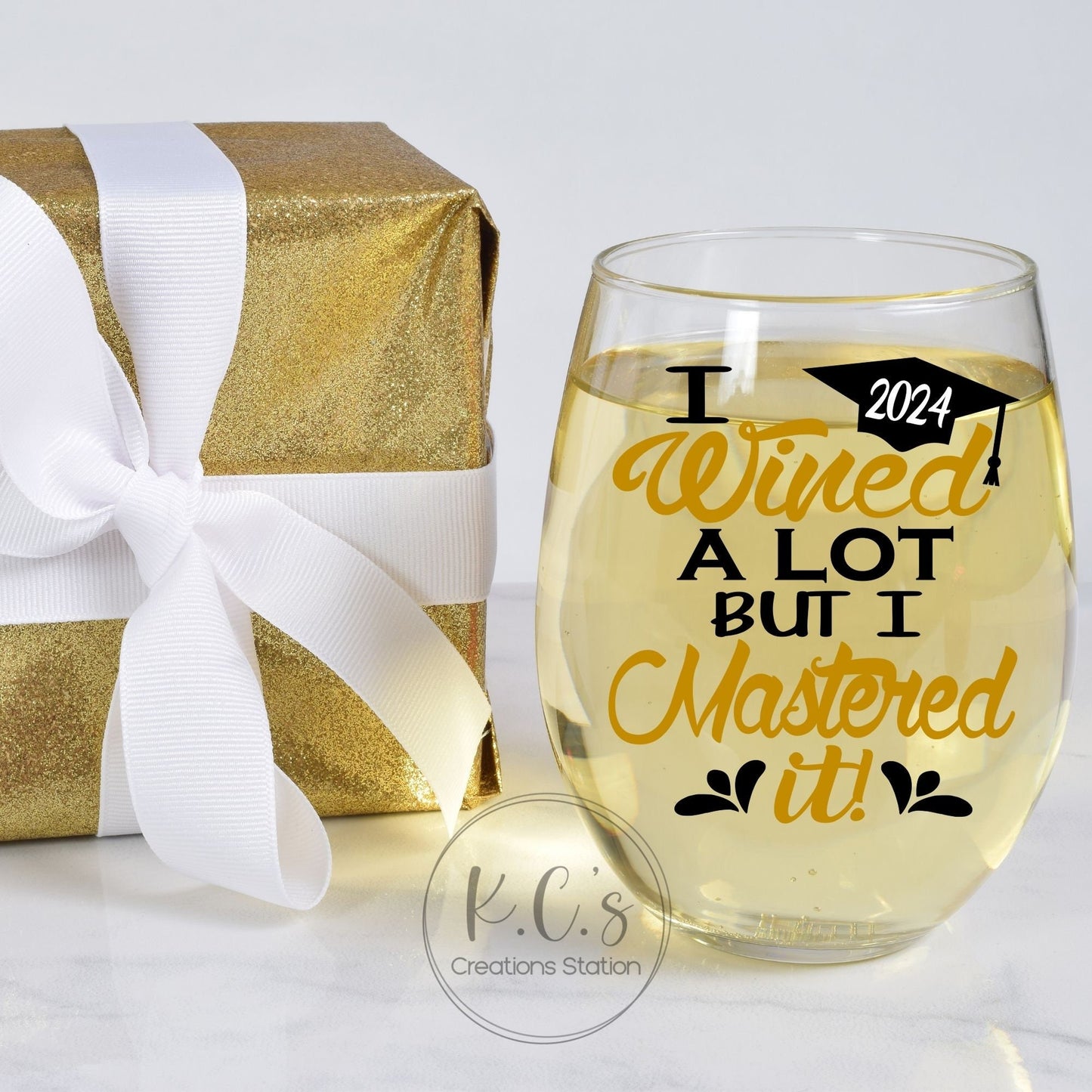 I wined a lot but I mastered it. This funny college graduation glass is a wonderful way to add something special to your graduation party. Pair it with a great bottle of wine and it is a fantastic graduation gift. Ideal for Masters degree.