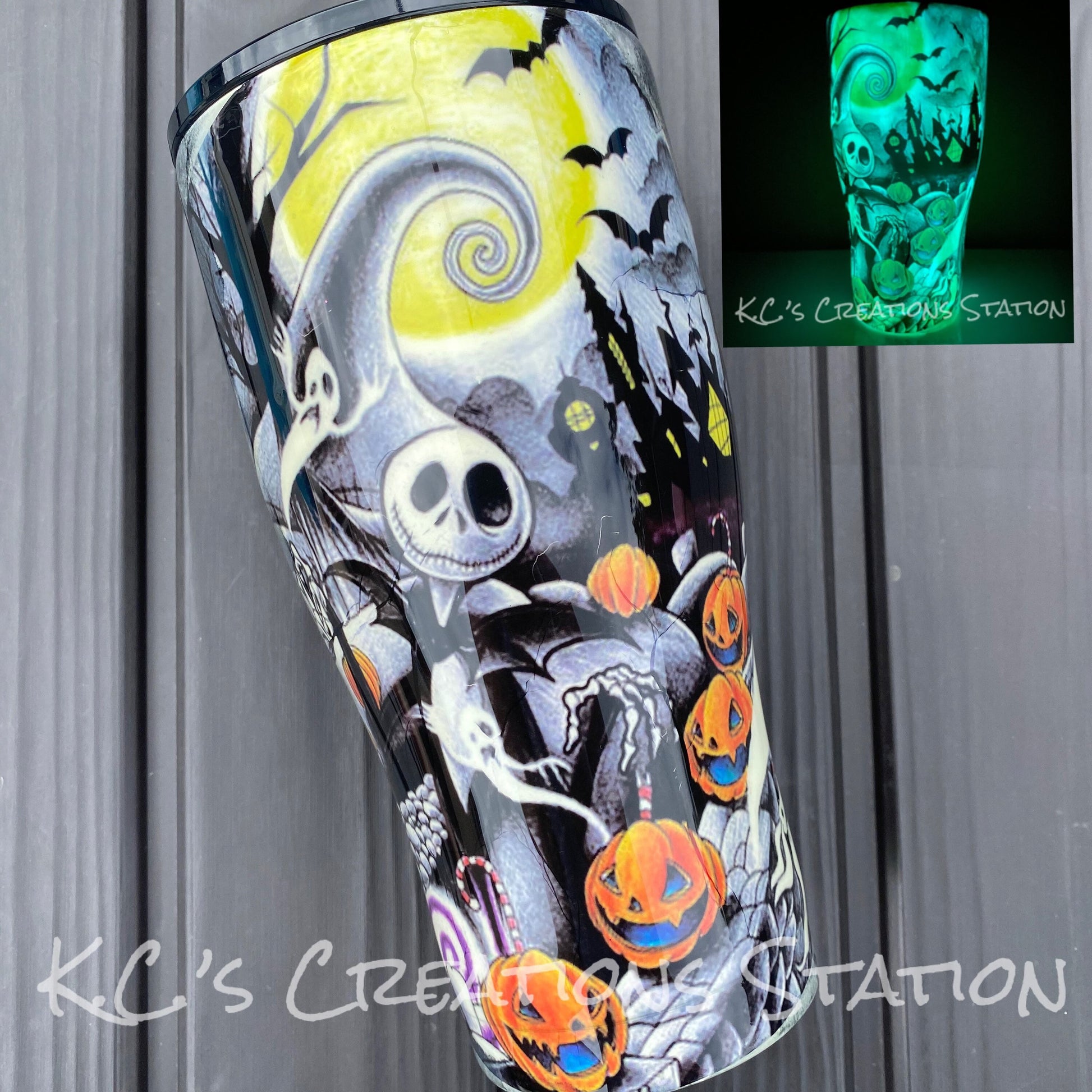 Halloween tattoo tumbler, glow in the dark tumbler, nightmare inspired tumbler, Jack and sally inspired tumbler, spooky