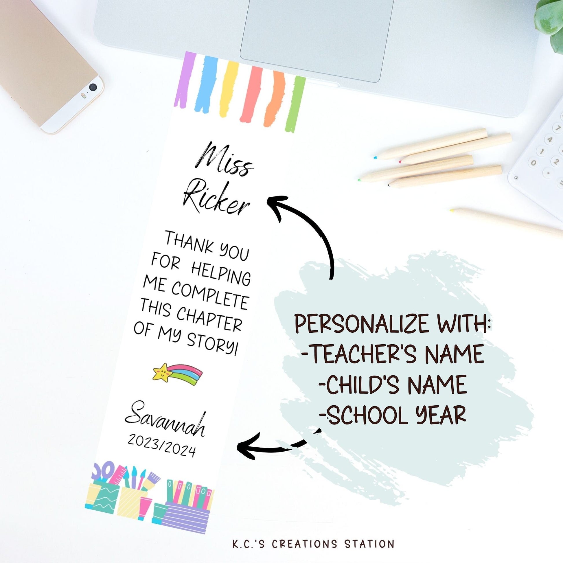 Custom teacher appreciation bookmark. Personalized with teachers name, child&#39;s name and the school year. There are two font styles to choose from to make this unique bookmark a cherished sentimental gift for your child&#39;s Teacher.