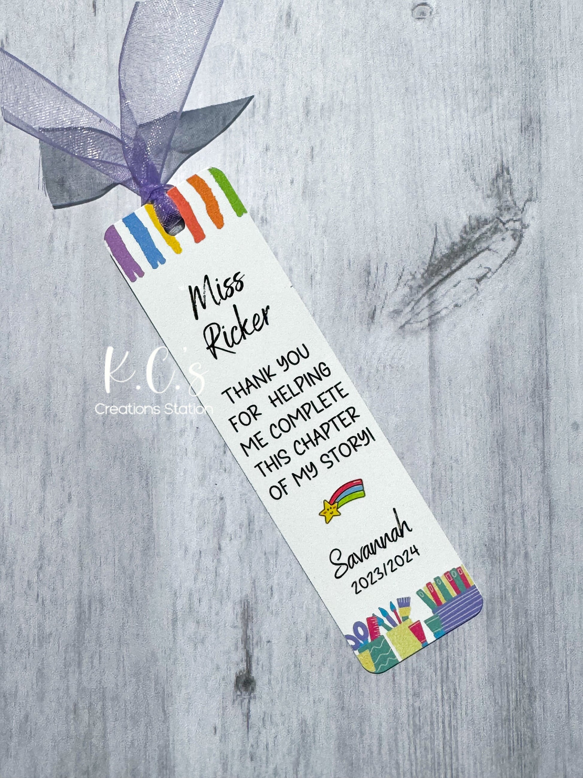 Custom teacher appreciation bookmark. Personalized with teachers name, child&#39;s name and the school year. There are two font styles to choose from to make this unique bookmark a cherished sentimental gift for your child&#39;s Teacher.