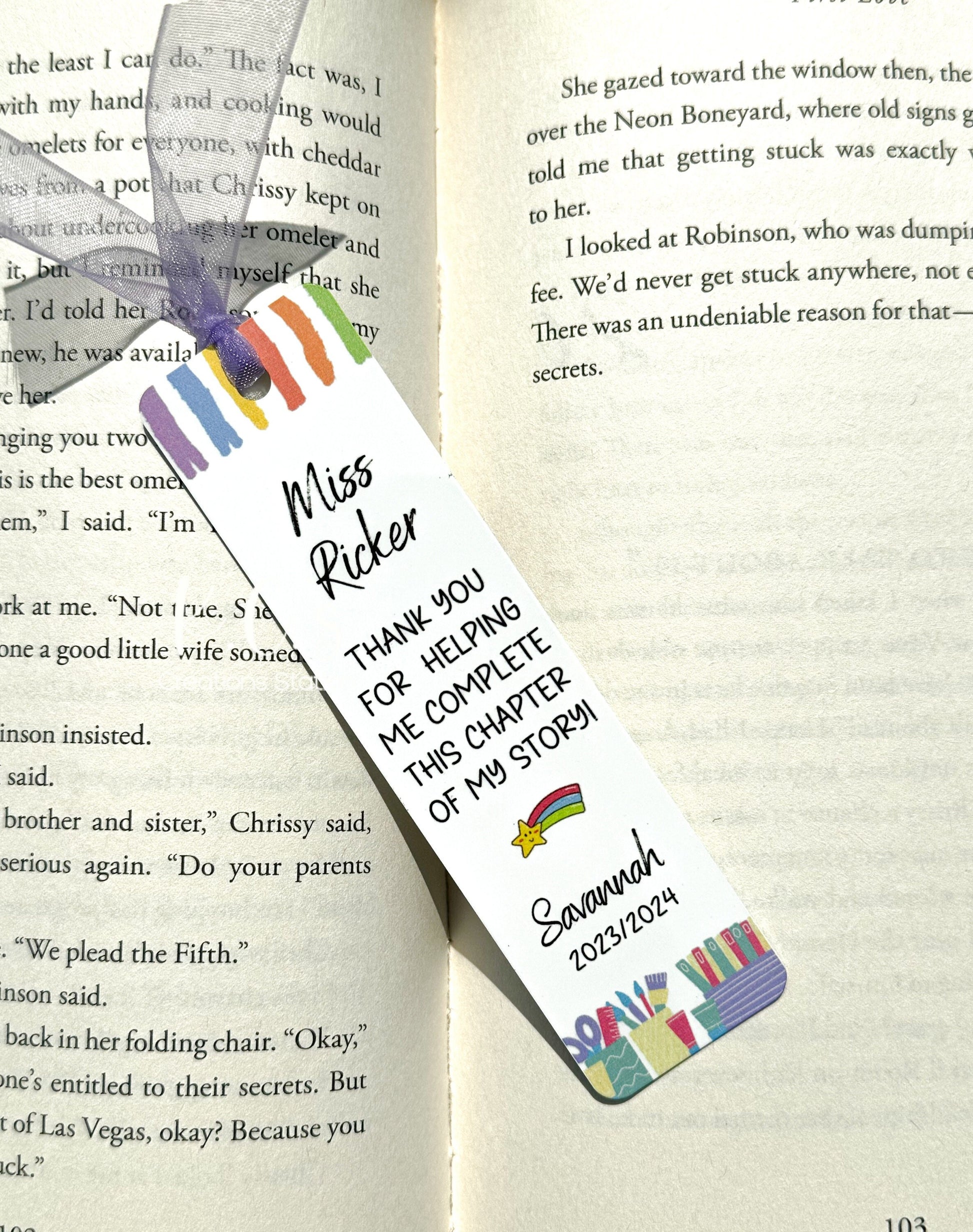 Custom teacher appreciation bookmark. Personalized with teachers name, student name and the school year. There are two font styles to choose from to make this unique bookmark a cherished sentimental gift for your childs Teacher.