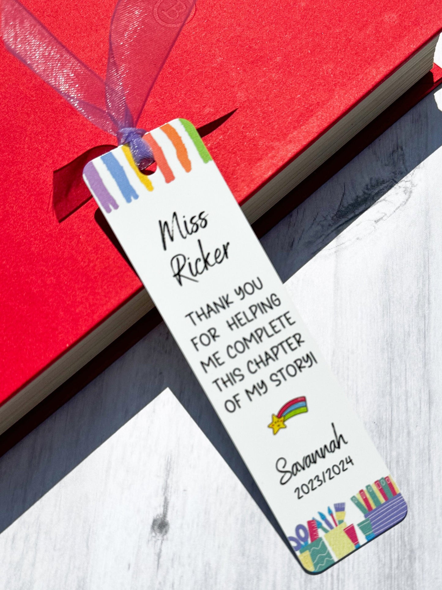 Custom teacher appreciation bookmark. Personalized with teachers name, child&#39;s name and the school year. There are two font styles to choose from to make this unique bookmark a cherished sentimental gift for your child&#39;s Teacher.