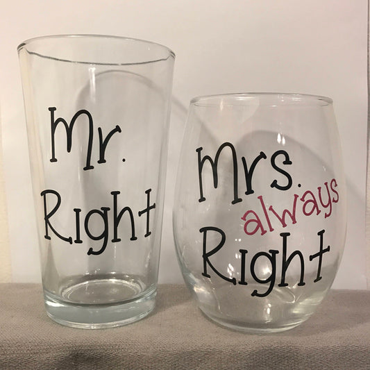 Mr. Right & Mrs. always right glass, wedding glasses, wedding gifts, wedding wine glasses, christmas wedding glasses