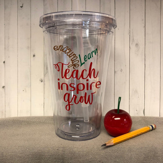 teach inspire grow, English Teacher gift, teacher appreciation tumbler, end of year teacher gift, teacher christmas gift, book worm tumbler