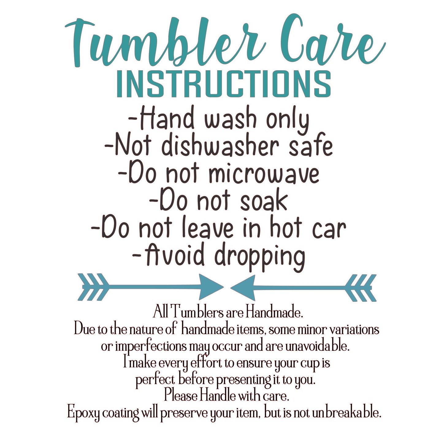 Glitter tumbler care cards. Disclaimer and thank you tag.