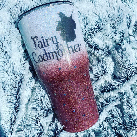 Fairy godmother inspired glitter tumbler, mouse head tumbler, glitter tumbler, Christmas tumbler, vacation tumbler, glitter cups, tumblers