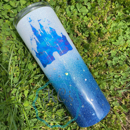 Castle inspired glitter tumbler, floating mouse head tumbler, glitter tumbler, Christmas tumbler, vacation tumbler, glitter cups, tumblers