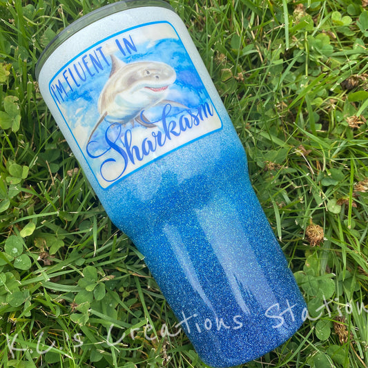 I'm fluent in sharkasm, shark lovers glitter tumbler, Funny tumblers,glitter, Christmas tumbler, vacation tumbler, glitter cups, tumblers