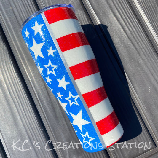 Stars and Stripes glitter tumbler, patriotic glitter tumbler, American pride timber, 4th of July tumbler, Independence Day tumbler, glitter