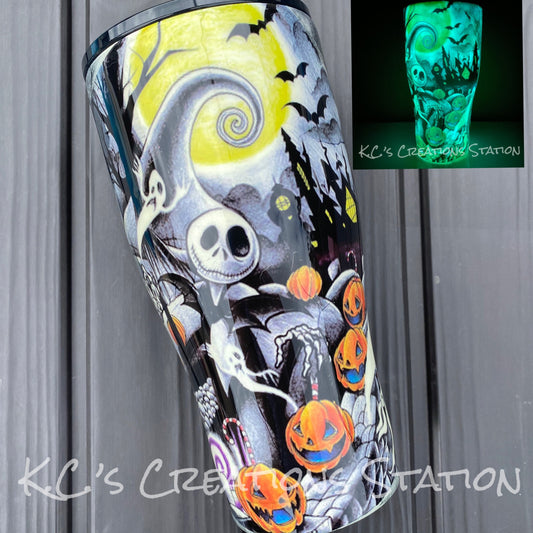 Halloween tattoo tumbler, glow in the dark tumbler, nightmare inspired tumbler, Jack and sally inspired tumbler, spooky