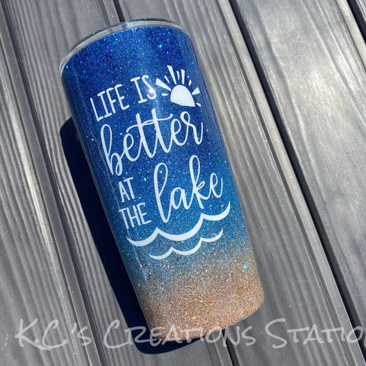 Life is better at the lake glitter tumbler, glitter tumbler, funny glitter tumbler, beach color glitter tumbler, birthday gift, beach please