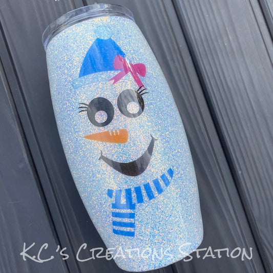 Snowman glitter tumbler, Snowgirl tumbler, believe in Christmas tumbler, glitter Christmas tumbler, holly and snowflakes