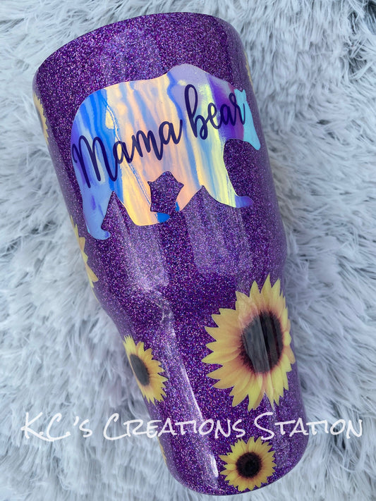 Sunflower mama bear glitter tumbler, sunflower lovers tumbler, mama bear glitter tumbler, glitter bears, family bear cups, Christmas gift