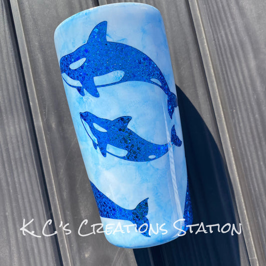 Whale and Dolphin peek a boo watercolor tumbler, empty the tanks tumbler, baby blue dolphin glitter tumbler, dolphin lover cup, orca lover