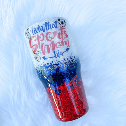 Livin that sports mom life, glitter tumbler, funny glitter tumbler, stainless steel tumbler, funny birthday gift, Christmas gift, sports mom