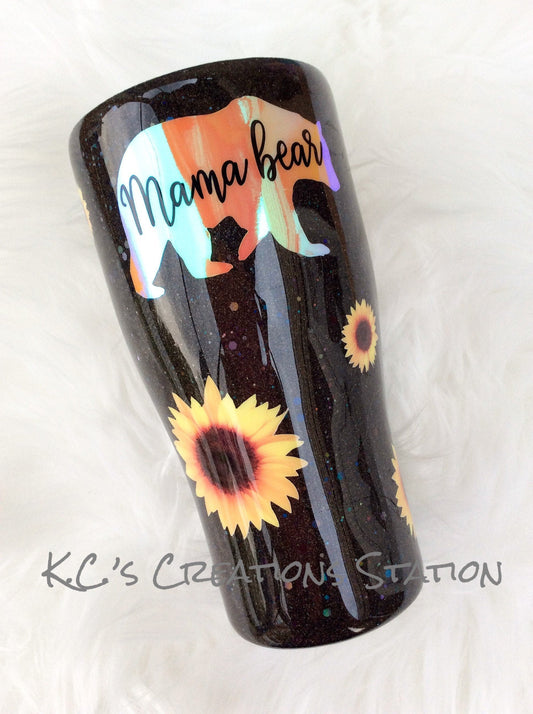 Sunflower mama bear glitter tumbler, sunflower lovers tumbler, mama bear glitter tumbler, glitter bears, family bear cups, Christmas gift