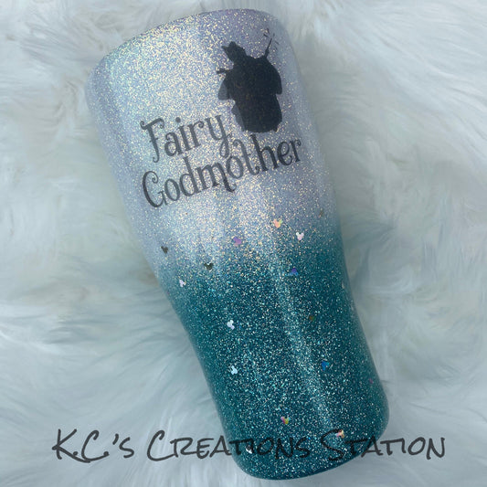 Fairy godmother inspired glitter tumbler, mouse head tumbler, glitter tumbler, Christmas tumbler, vacation tumbler, glitter cups, tumblers