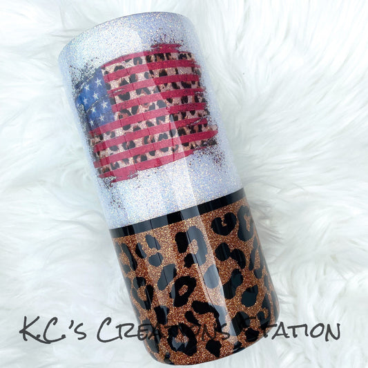 Leopard flag glitter tumbler, Patriotic glitter tumbler, leopard print split tumbler, American Pride tumbler, 4th of July tumbler, cheetah