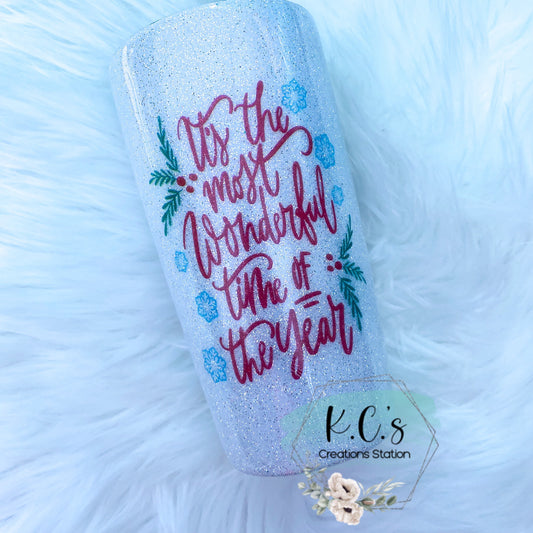 It's the most wonderful time of the year glitter tumbler,  believe in Christmas tumbler, glitter Christmas tumbler, holly and snowflakes