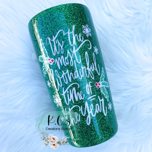 It's the most wonderful time of the year glitter tumbler,  believe in Christmas tumbler, glitter Christmas tumbler, holly and snowflakes