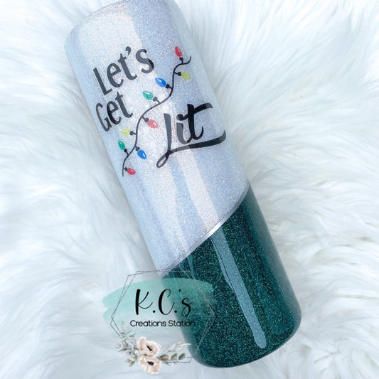 Let’s get lit Christmas glitter tumbler,  funny Christmas tumbler, split cup glitter and wood grain, let’s get lit holiday gift, Pollyanna