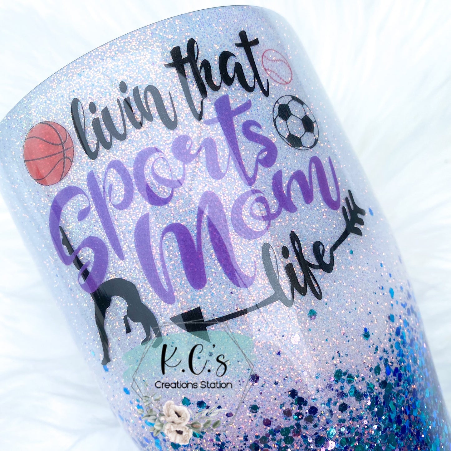 Livin that sports mom life glitter tumbler, sports glitter tumbler, stainless steel tumbler, funny birthday gift, Christmas gift, sports mom