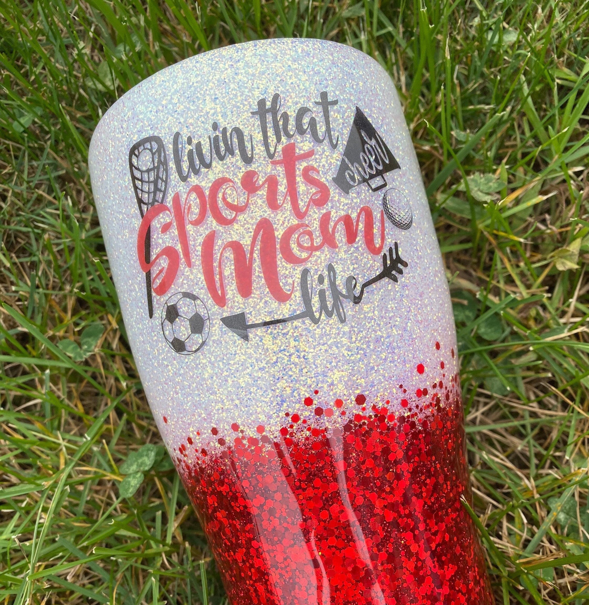 Livin that sports mom life glitter tumbler, sports glitter tumbler, stainless steel tumbler, funny birthday gift, Christmas gift, sports mom