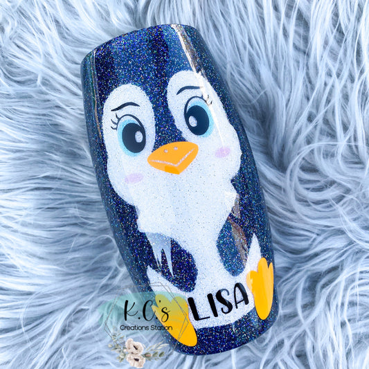 Penguin glitter tumbler, penguin lovers gift, cute penguins,   believe in Christmas tumbler, glitter Christmas tumbler, holly and snowflakes