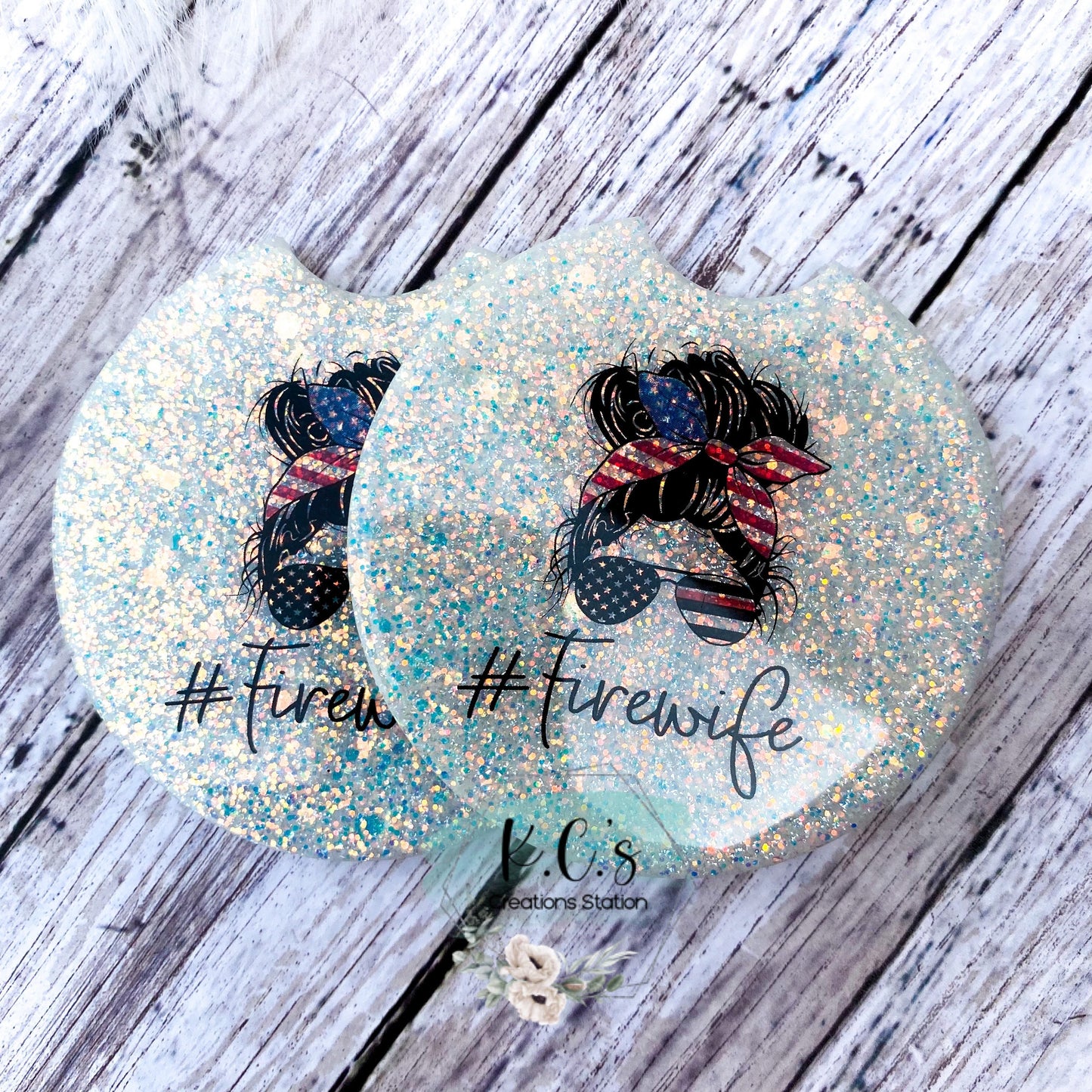 Car coasters, glitter car coaster, personalized glitter car coaster, coasters for car cupholders, fancy car coasters, Fire wife gift