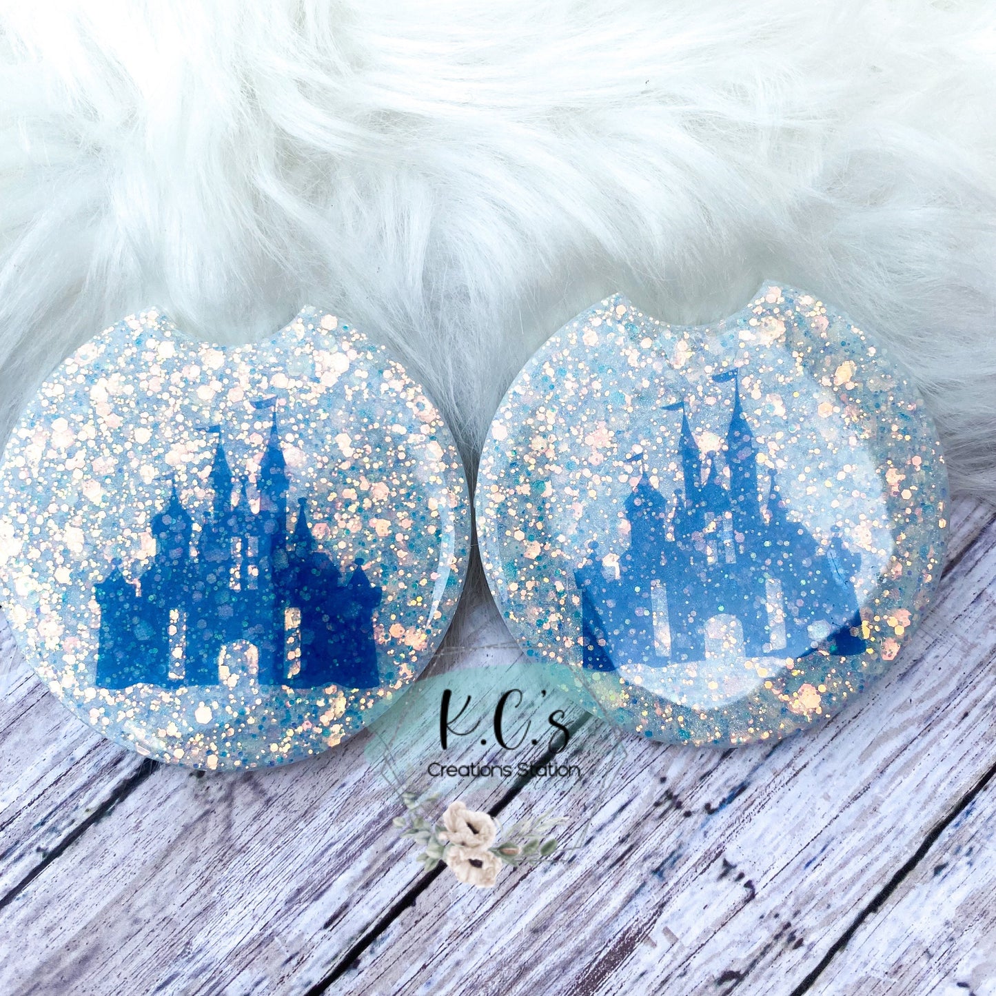 Car coasters, glitter car coaster, personalized glitter car coaster, coasters for car cupholders, fancy car coasters, castle car coasters