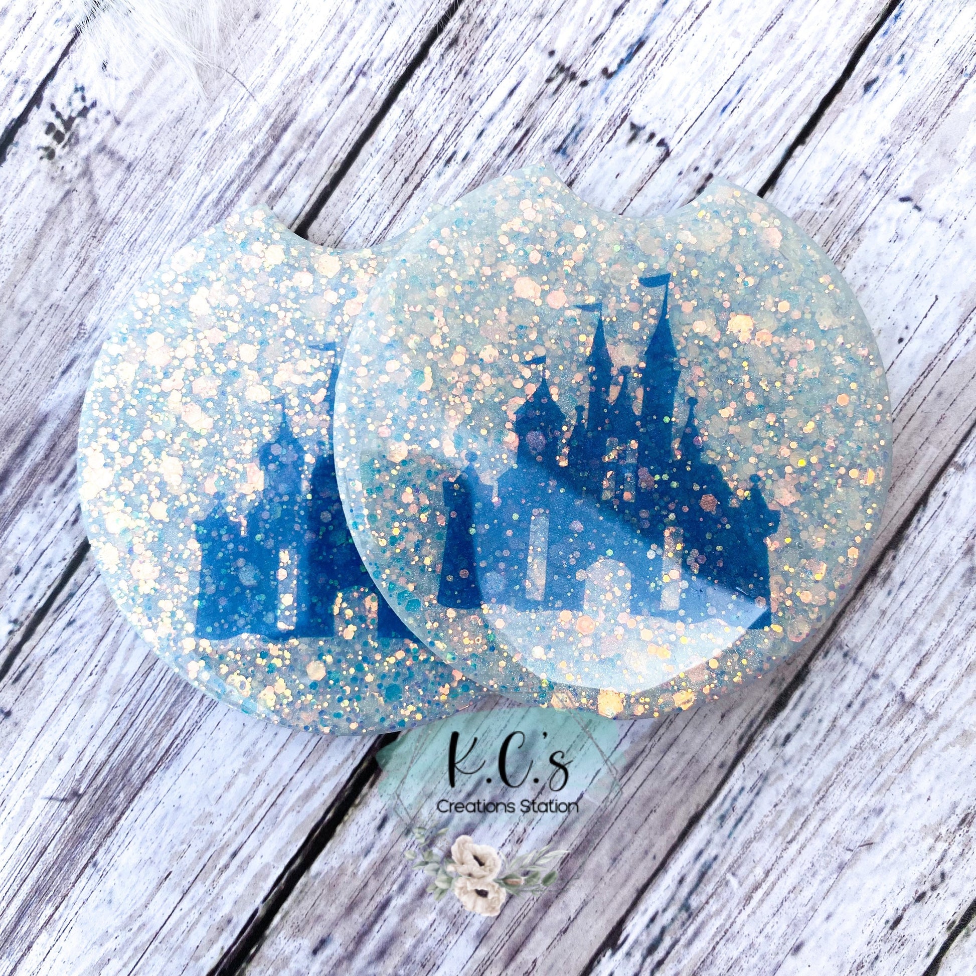 Car coasters, glitter car coaster, personalized glitter car coaster, coasters for car cupholders, fancy car coasters, castle car coasters