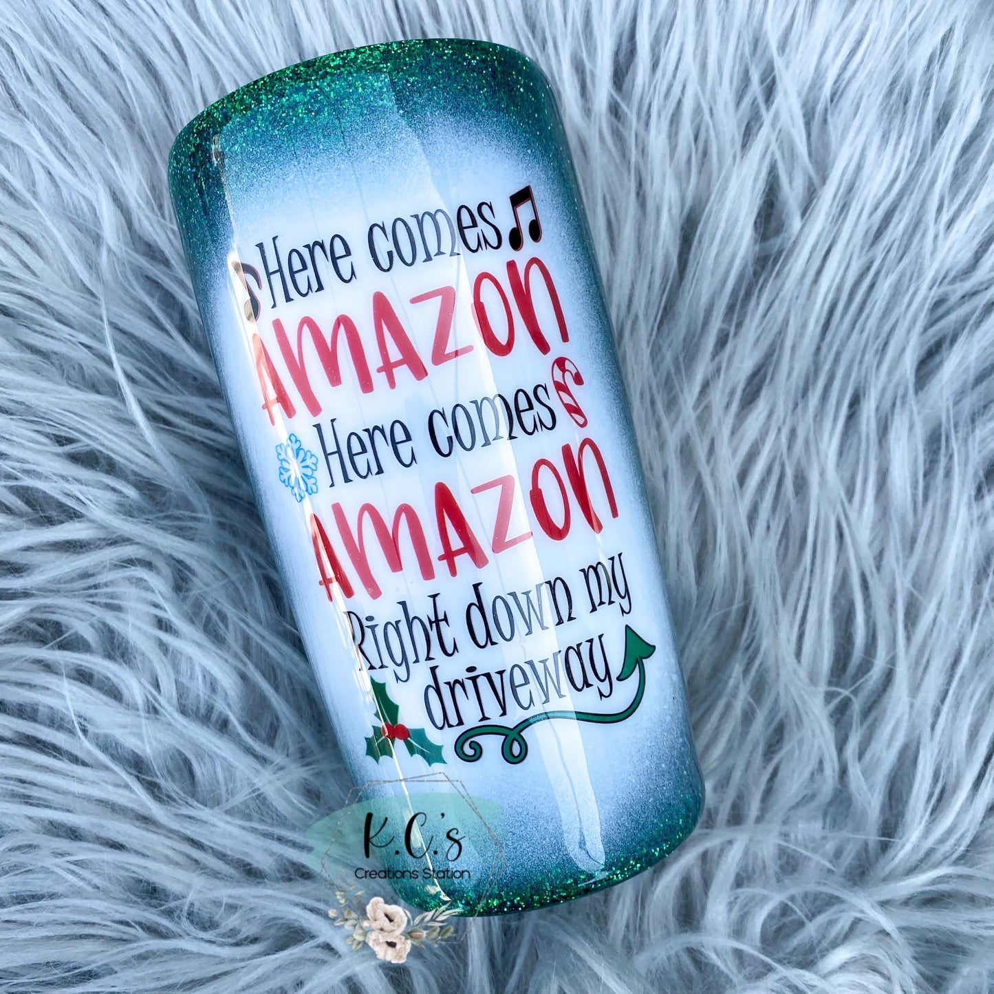 Here comes Amazon glitter tumbler, funny glitter tumbler, believe in Christmas tumbler, glitter Christmas tumbler, holly and snowflakes