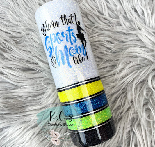 Livin that sports mom life, split glitter tumbler, funny glitter tumbler, stainless steel tumbler, birthday gift, Christmas gift, sports mom