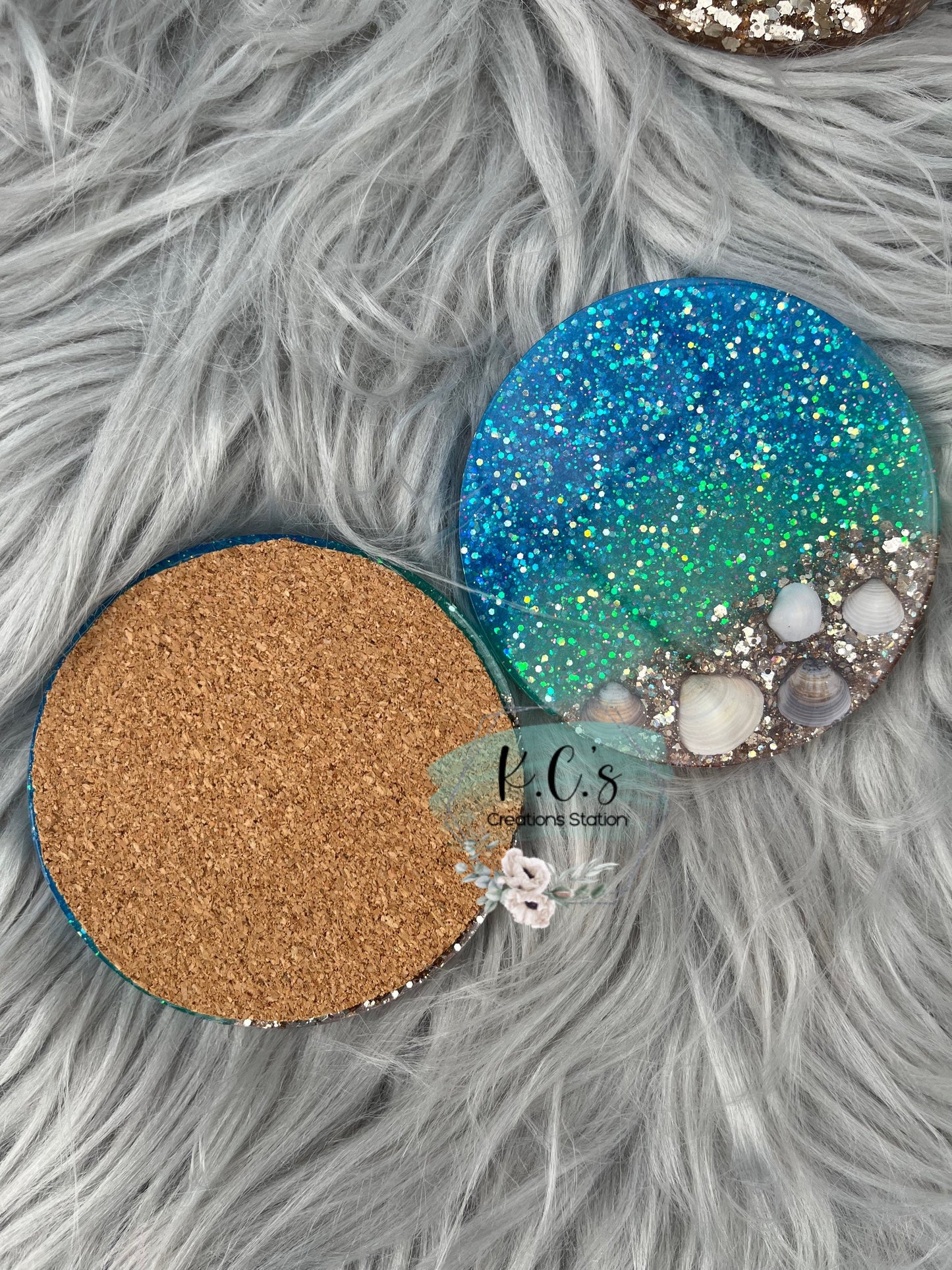 beach themed coasters, sea shells and glitter coaster set, beach house decor, coaster set, ocean waves coasters, beach themed gifts