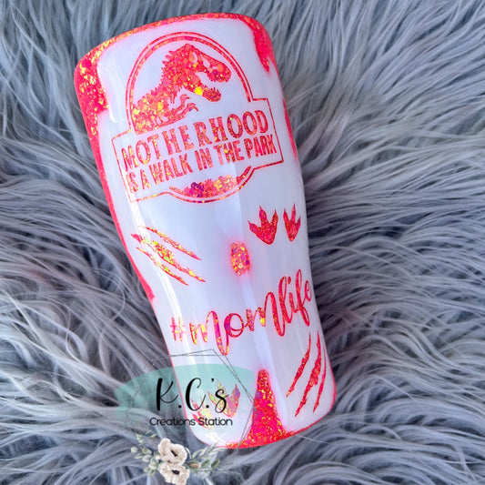 motherhood is a walk in the park glitter tumbler, Jurrasic inspired glitter tumbler,  stainless steel tumbler, funny birthday gift