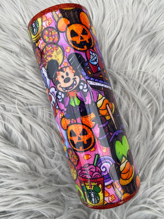 spooky snack fabric wrapped glitter tumbler, haunted mouse ear snacks, Disney snacks for halloween, Disney lovers snack goals